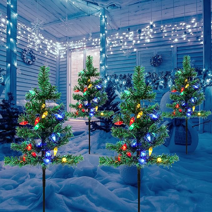 4 Pcs Solar Christmas Tree Outdoor Christmas Decorations 30 Inch Prelit Waterproof Xmas Tree Yard Stake Lights with 80 LED for Yard Pathway Cemetery Patio Christmas Garden Outside Decor