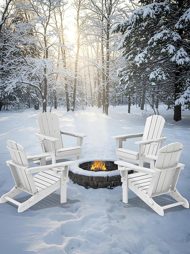 KINGYES Folding Adirondack Chair Set of 2, Dual Cup Holders & All-Weather HDPE, Wood-Like Patio Chair for Backyard, Camping, Pool & Fire Pit, White
