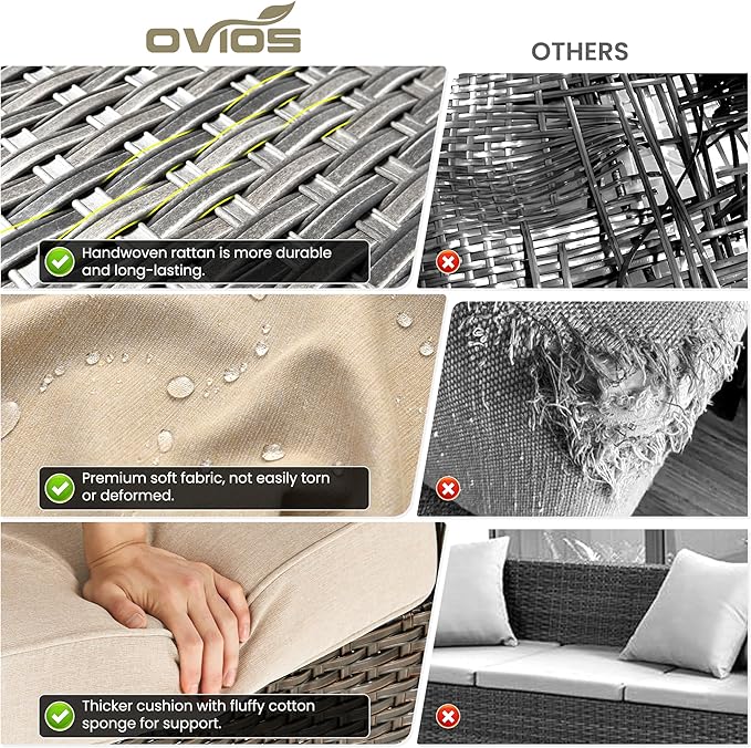 ovios 6 Pieces Patio Furniture Set, Outdoor Wicker Sofas with Glass Coffee Table and Comfy Cushions, All Weather High Back Couch Set for Deck Porch, Brown Rattan, Beige