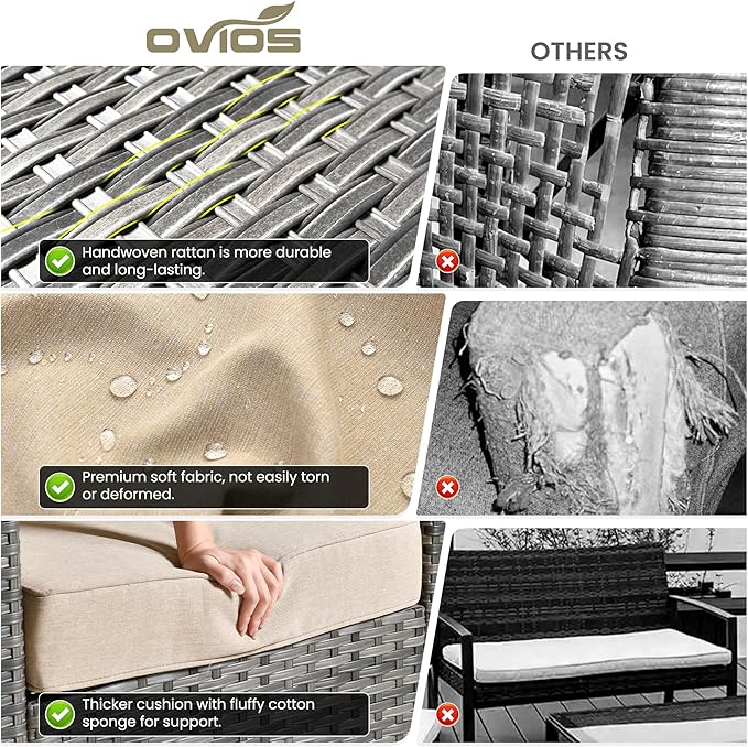 ovios 8 Pieces Patio Furniture Set with 30" Fire Pit Table, Outdoor Wicker Sofa with Comfy Cushions, All Weather High Back Rattan Couch Conversation Set, Beige