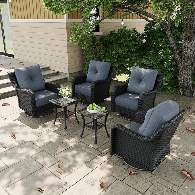 6 Pieces Outdoor Patio Furniture Sets with Rocking Swivel Chairs with 6-inch Thick Cushion and Side Table for Deck Lawn