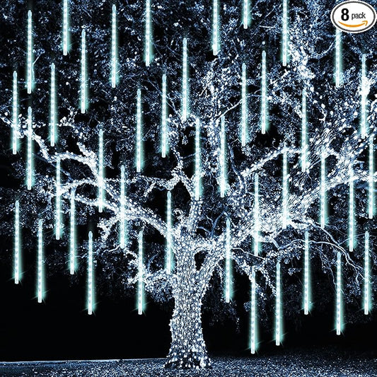 TW SHINE White Christmas Meteor Shower Lights Outdoor, 288LED 12" 8 Tubes Waterproof Christmas Lights Outdoor Plug in, Snow Falling Rain Icicle Xmas Lights Decorations, White