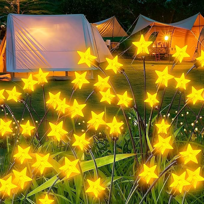 4 Pack Star Solar Firefly Lights, 10 LED Garden Lights,Solar Swaying Lights,Outdoor Waterproof Firefly Path Lights for Pathway Yard Walkway Patio Decoration, Warm White