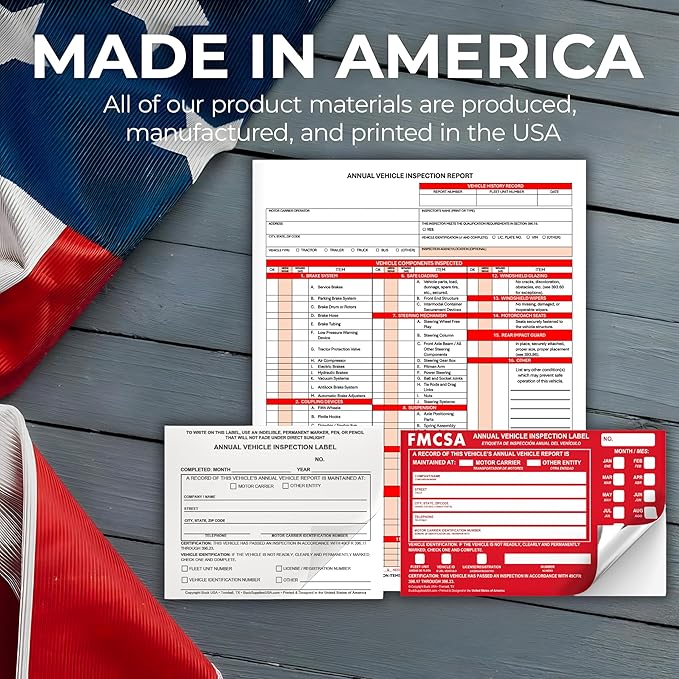 10 Pack 3-Ply Carbonless Annual Vehicle Inspection Report Forms with FMCSA Red Aluminum Labels & White Mylar Laminate Vinyl Labels, DOT Inspection Forms and Stickers, Shrink-Wrapped, 8.5" x 11.75"
