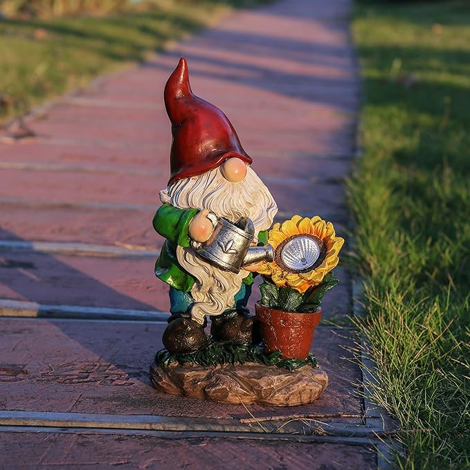 TERESA'S COLLECTIONS Sunflower Garden Gnomes Decorations for Yard with Solar Lights, Cute Resin Garden Sculptures & Statues for Outdoor Patio Lawn Ornaments,Ideal Gifts for Mom Women and Man, 11.4"