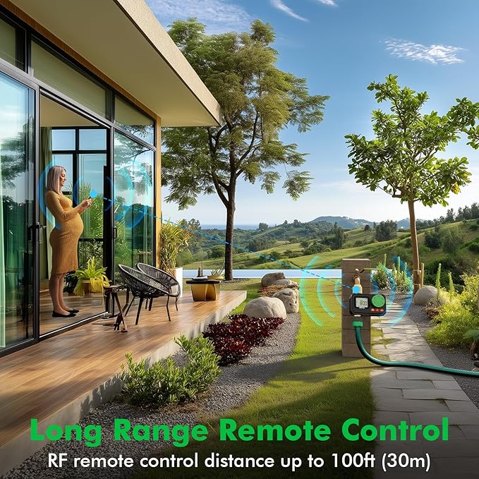 RESTMO RF Remote Controlled Sprinkler Timer with Brass Inlet & Outlet, Programmable Water Timer for Garden Hose, Automatic | Manual | Rain Delay for Outdoor Faucet, Drip Irrigation and Lawn Watering