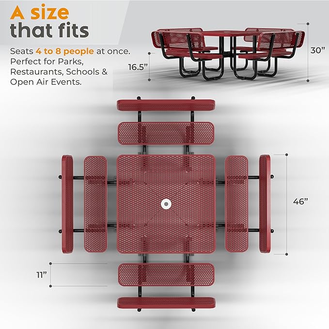 Metal Picnic Tables for Outdoors with Umbrella Hole - Coated Steel Heavy Duty Commercial Grade Table with Adjustable Seats (Red, 46 in, Square with Back, Expanded Steel)