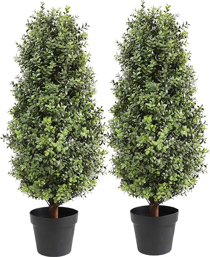 35inch Artificial Topiary Boxwood Tree, Faux Plants Outdoor 2 Packs Fake Bushes Faux Shrub, Artificial Topiary for Outdoors for Home Decor Indoor Front Porch