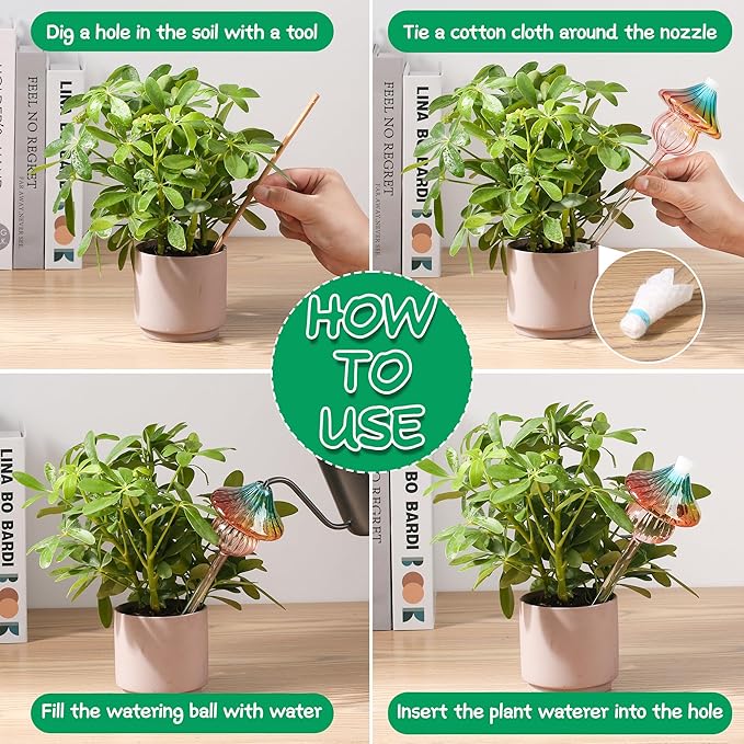 Plant Watering Globes Mushroom, Rainbow Gradient Color Glass Watering Bulbs, Self Watering Planter Insert, Self Watering Globes - Plant Watering Devices for Travel Vacation (2 PCS)