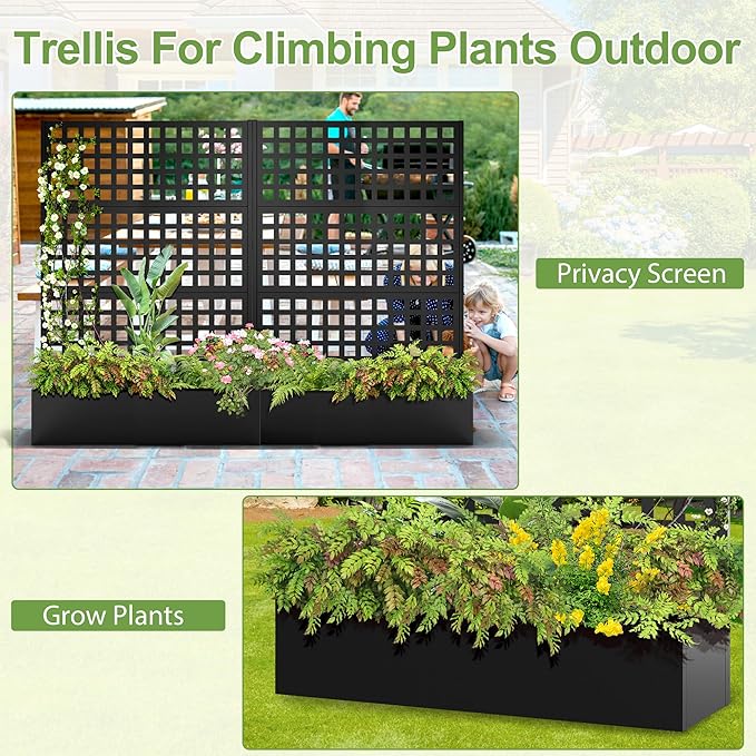 Metal Raised Garden Bed, Trellis Planters Bed with Drainage Holes for Climbing Plants, Vegetables Outdoor Privacy Screen with Planter Box 73"x47"x16", Black
