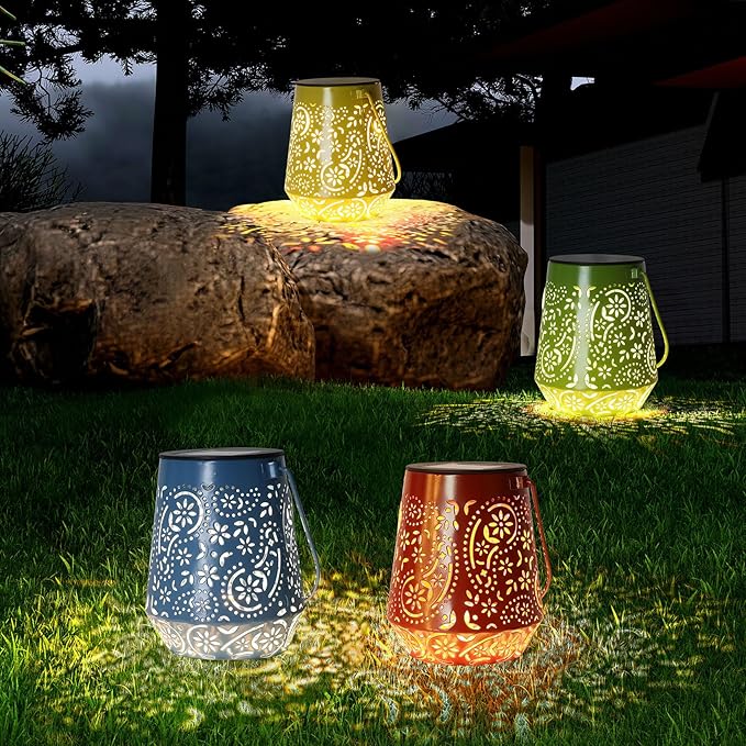 4 Pack Hanging Solar Lantern Outdoor Waterproof Lights Garden Hanging Solar Lights for Outside Patio Colored LED Lanterns Decorative with Handle for Yard Porch Table Pathway Xmax Christmas Tree Lights