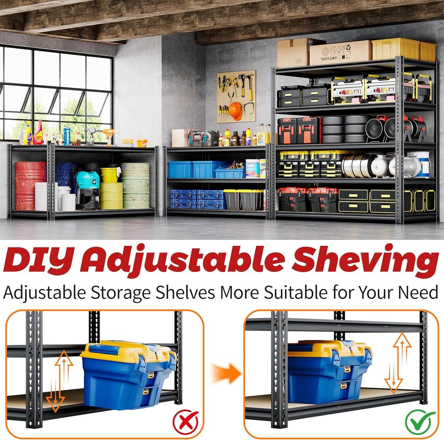 48"W Garage Shelving, 3050LBS Storage Shelves heavy duty, 5 Tier Metal Shelving Unit Adjustable Garage Shelves Heavy Duty Shelving for Warehouse,Commercial, Kitchen, 48" W × 24" D × 72" H, Black，2PCS