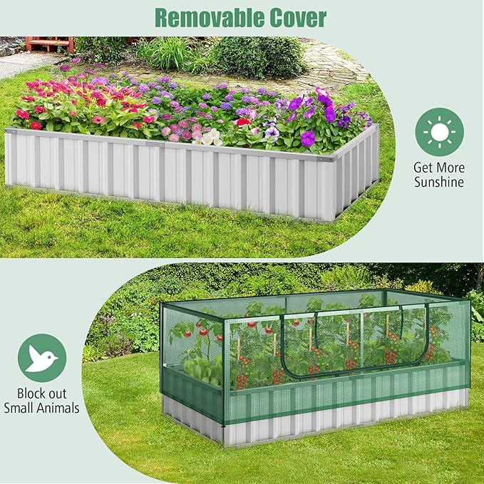 S AFSTAR Galvanized Raised Garden Bed with Greenhouse, 69” x 36” x 28” Bottomless Flower Bed w/Large Roll-up Window, 8PCS T Tags & Gloves, Outdoor Rectangular Planter Box Kit for Herb Vegetable Fruit