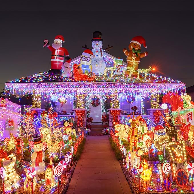 JMEXSUSS Icicle Christmas Lights, 200 LED Multicolor Indoor Outdoor Waterproof, 8 Modes Decorations for Xmas Roof Party Holiday