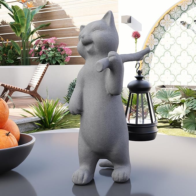 Solar Powered Garden Resin Statue Lights, 10 Inch Waterproof Outdoor Animal Cute Cat Figurine Lights, Suitable for Patios, Balconies, Lawns, Courtyards, Etc. (Walking01)