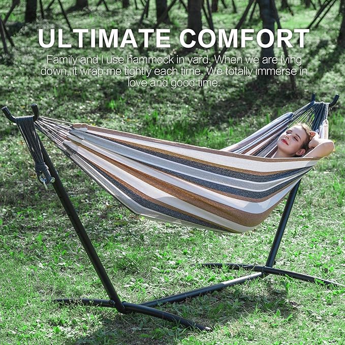 PNAEUT Double Hammocks with Stand for Outside, Portable Space Saving Heavy-Duty Steel Stand for Indoor Outdoor Patio with Carrying Bag, 450 lbs Capacity (Coffee)