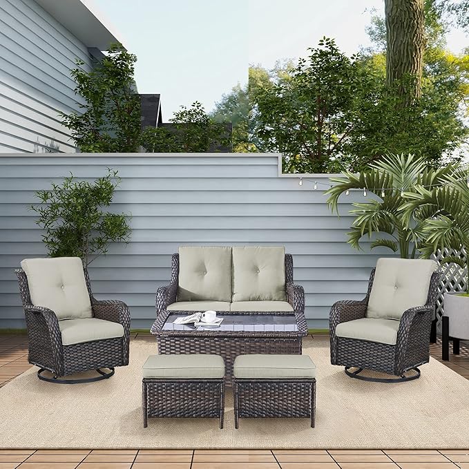 Wicker Outdoor Furniture Patio Furniture Set - 6 Piece Patio Conversation Set with Swivel Rocker Chairs, Loveseat Sofa, Ottomans and Coffee Table, Beige Cushion