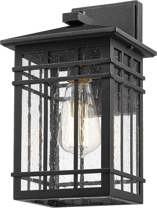 Outdoor Wall Lantern, Exterior Light Fixture Mount, 1-Light Waterproof Lighting With Seeded Glass for Porch, Garage, Patio, Hallway, Entryway, Black