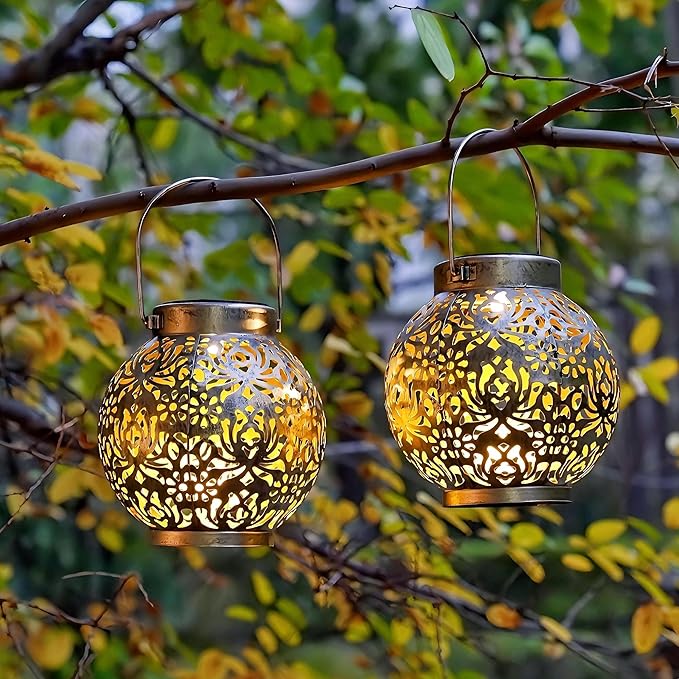Set of 2 Outdoor Solar Hanging Lantern Lights Metal LED Decorative Lamp for Garden Patio Courtyard Lawn and Table with Hollowed-Out Design (Antique Bronze)