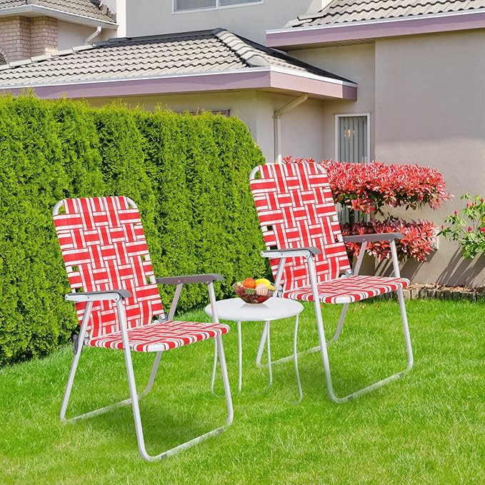 VINGLI Patio Lawn Webbed Folding Chairs Set of 2, Outdoor Beach Chair Portable Dining Chair for Yard, Garden (Red, Classic)