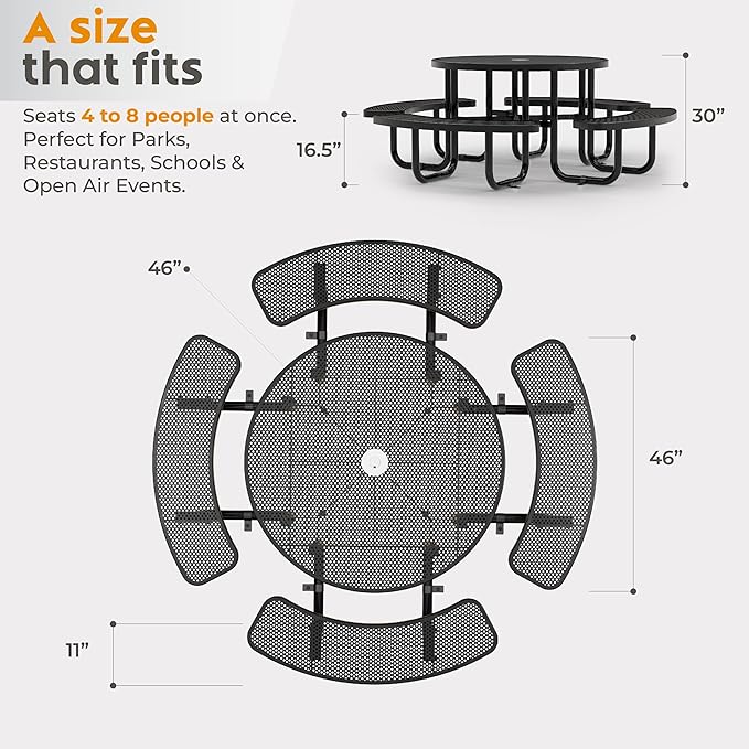 Metal Picnic Tables for Outdoors with Umbrella Hole - Coated Steel Heavy Duty Commercial Grade Table with Adjustable Seats (Black, 46 in, Round, Punched Steel)