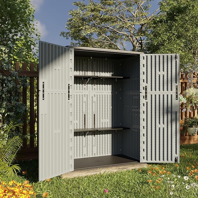 HOMSPARK Outdoor Storage Shed Weather Resistance, Patio Storage Cabinet Lockable Resin Tool Shed for Storage of Bike, Trash Cans, Garden Tools (Light Gray, 66 Cu.ft)