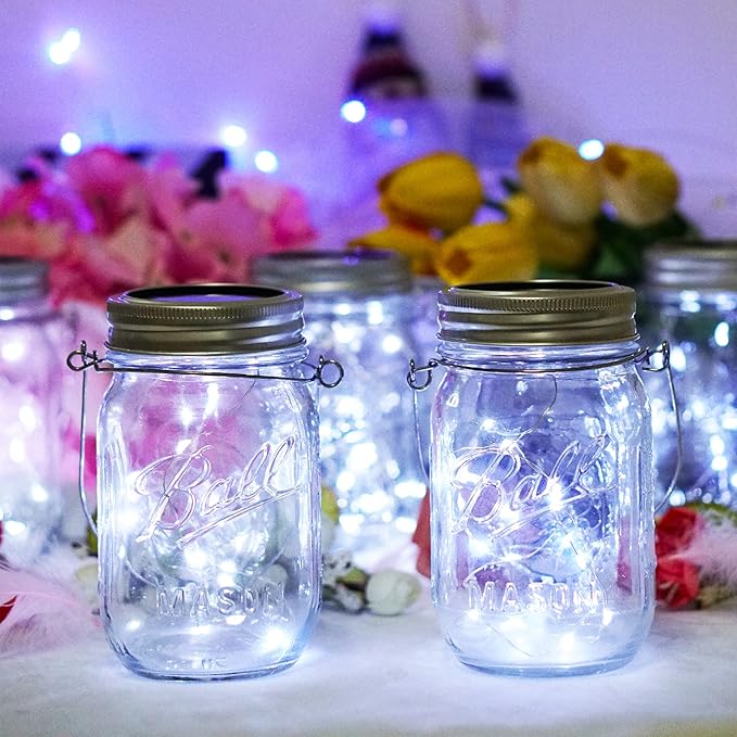 SmilingTown Solar Mason Jar String Light Lids 12 Pack 30 LED Fairy Firefly Inserts Lighting with 12 Hangers Waterproof for Outdoor Tree Patio Lawn Garden Decor, No Jars (Cool White)