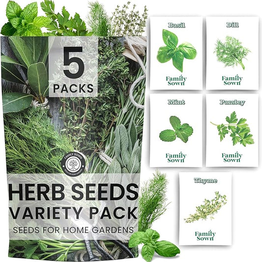 Herb Seeds | 5 Invidiual Packs | 2025 Season | Non-GMO | Basil, Dill, Mint, Parsley & Thyme! | for Planting Indoor & Outdoor | by Family Sown