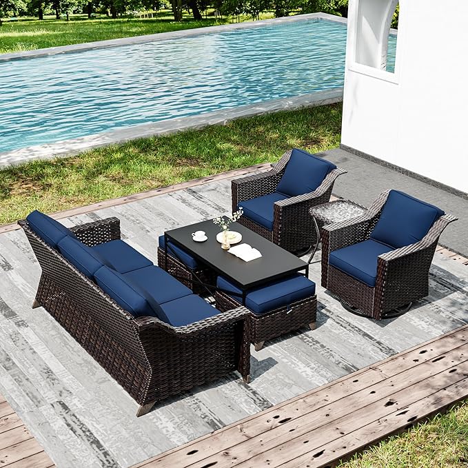 Joyside Wicker Patio Furniture Sets, 7 Pieces Upgraded Large Size Outdoor Furniture with Swivel Rocking Patio Chairs, 3-Seat Sofa, Outdoor Ottoman and Coffee Table, Thick Cushions, Wide Armrest