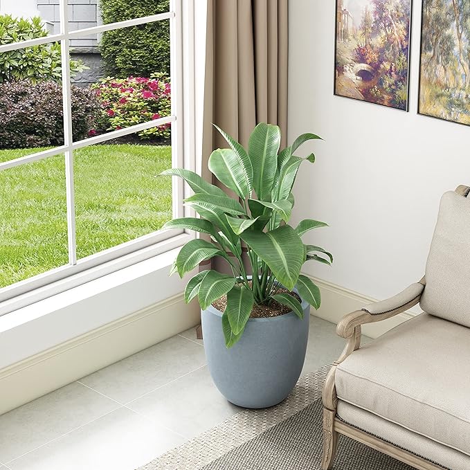 Kante 10 Inch Dia Round Concrete Planter, Indoor Outdoor Large Plant Pot with Drainage Hole and Rubber Plug for Home Patio Garden, Gray