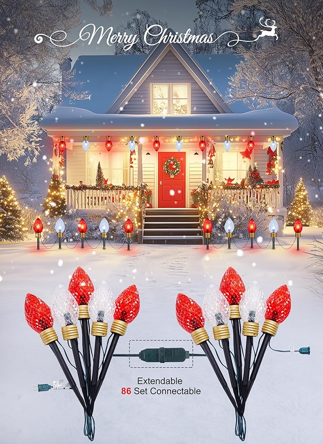 Moonflor Strawberry Jumbo C9 Christmas Lights Outdoor - 2 Pack Total 17FT 10 LED Jumbo C9 Christmas Pathway Lights Outdoor, C9 Walkway Lights, Christmas Decoration for Outside Lawn, Red & Pure White