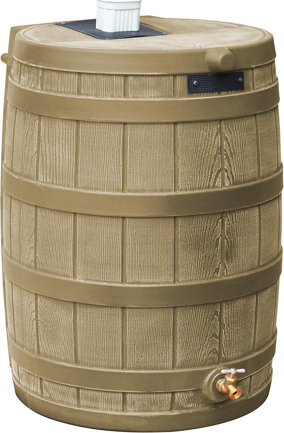 Good Ideas Rain Wizard 50 Gallon Plastic Rain Barrel for Outdoor Rainwater Collection and Storage Features Metal Spigot and Flat Back Design, Khaki
