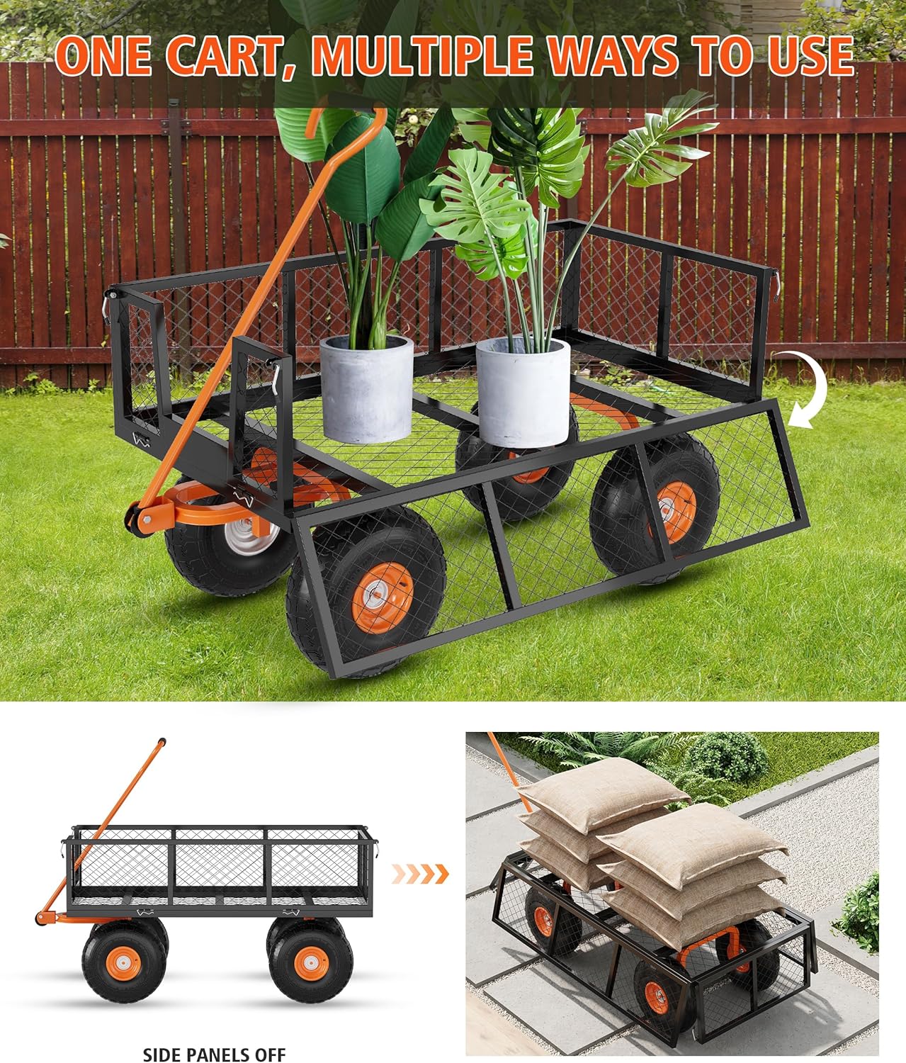 Heavy Duty Steel Garden Cart, 900 LBS Capacity 3 in 1 Pullable Garden Wagon with 10" Wheels, for Gardening Soil, Tools, and Plant Transport