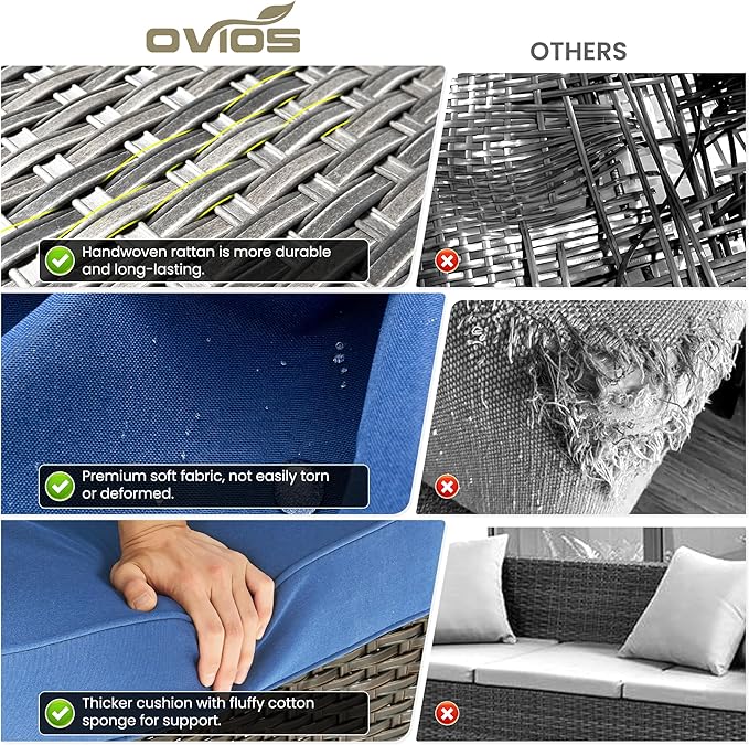 ovios 7 Pieces Patio Furniture Set, Outdoor Wicker Sofas with 4 Chairs, Ottomans and Comfy Cushions, All Weather High Back Couch Set for Deck Porch, Brown Rattan, Navy Blue