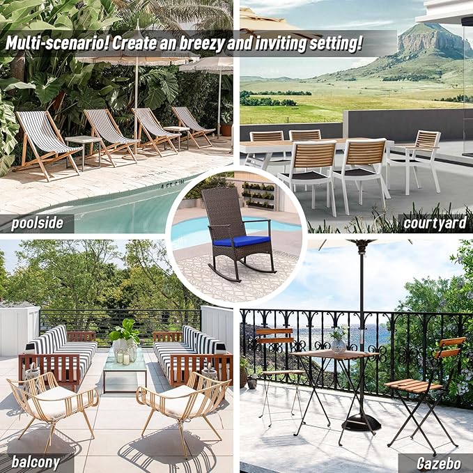 Outdoor Rocking Chairs Set - 3 High-Backed Patio Rockers with Bistro Table & Anti-Slip Cushions, Dark Blue