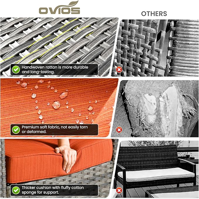 ovios 6 Pieces Patio Furniture Set with 30" Fire Pit Table, Outdoor Wicker Sofa with Comfy Cushions, All Weather High Back Rattan Couch Conversation Set, Orange Red