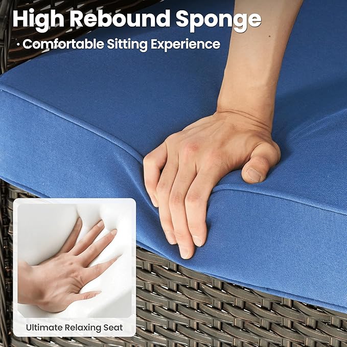 ovios 6 Pieces Patio Furniture Set with 30" Fire Pit Table, Outdoor Wicker Sofa with Ottomans, Comfy Cushions, High Back Couch Conversation Set, Brown Rattan, Navy Blue