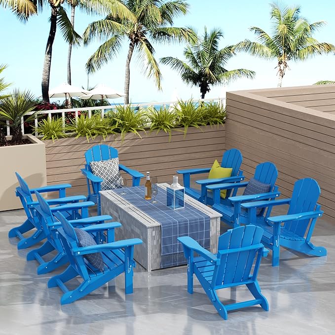 Westin Outdoors Laguna WO Outdoor Adirondack Folding Patio Chairs 8 PCS Set Retro Beach Aesthetic for Backyard, Lawn, Patio, Deck, Garden, Weather Resistant Polyethylene Plastic Lounger (Pacific Blue)