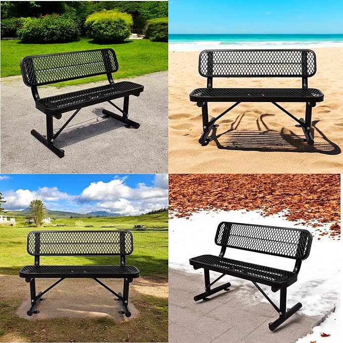 4 FT Heavy Duty Metal Park Bench with Back for Outside, Outdoor Black Bench with Backrest & Portable Frame, 1-3 Person Seat-Commercial Benches Garden Benches for Outdoors