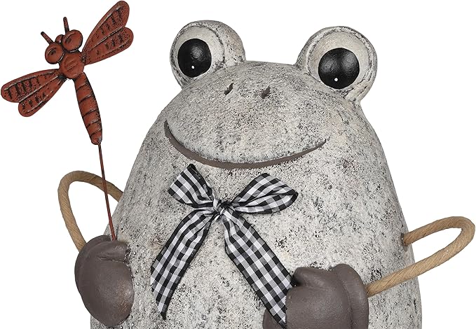 Alpine Corporation MCC862 Indoor/Outdoor Frog with Dragonfly Garden Statue, Stone Finish Frog Statue for Yard, 24" H, Silver