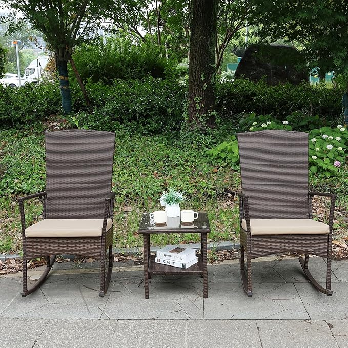 Outdoor Rocking Chair 3 Pieces High-Backed Rocking Chair Outdoor Patio Rocking Chairs Outdoor Table, Khaki
