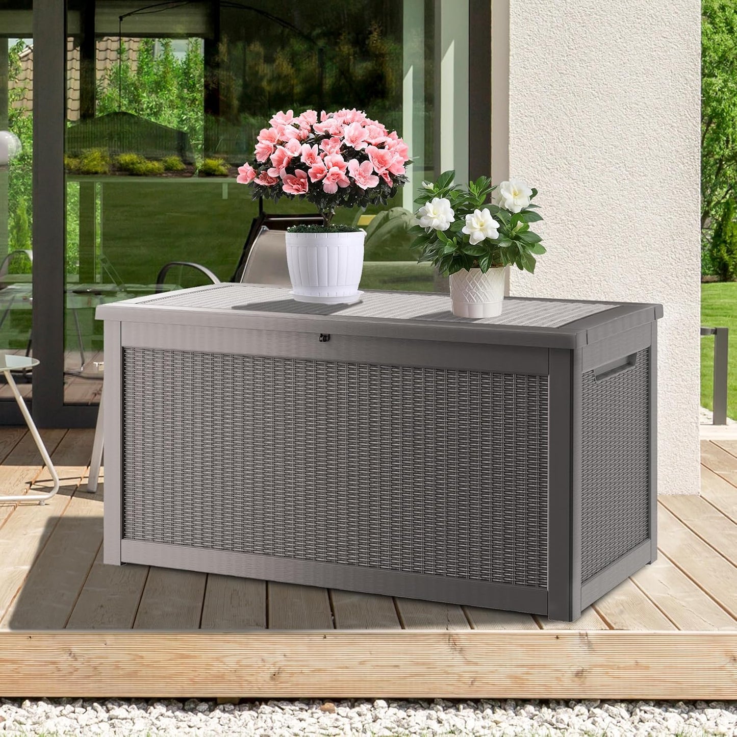 320 Gallon Waterproof Deck Box, Lockable Resin Storage Box for Patio Furniture Cushions Garden Tools and Outdoor Delivery Storage, Coffee