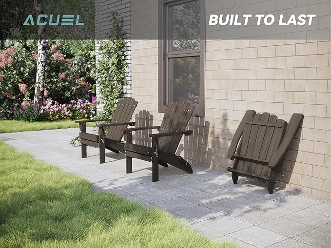 Folding HDPE Adirondack Chair, Weather-Resistant Patio Chair with Wide Armrests & High Backrest, Fire Pit Chair for Garden, Backyard, Porch - Dark Brown