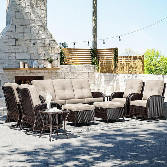 Joyside 9 Piece Patio Furniture Set, Outdoor Wicker Conversation Sets with Swivel Rocker Chairs and Sofa, Thick Cushion, Rattan Patio Sectional for Porch, Deck Use (Brown/Beige, 9 PCS)