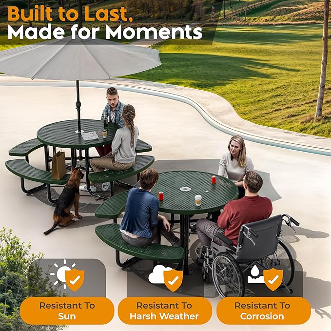 Metal Picnic Tables for Outdoors with Umbrella Hole - Coated Steel Heavy Duty Commercial Grade Table with Adjustable Seats (Green, 46 in, Round, Punched Steel)