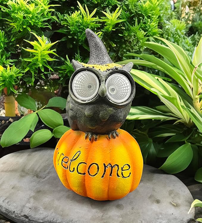coolboy Pumpkin Owl Garden Statue,Waterproof LED Lights Outdoor Decor,Resin Owl Ornament,Pumpkin Lantern Indoor Figurines for Patio Garden Table Decor for Ourdoor Garden