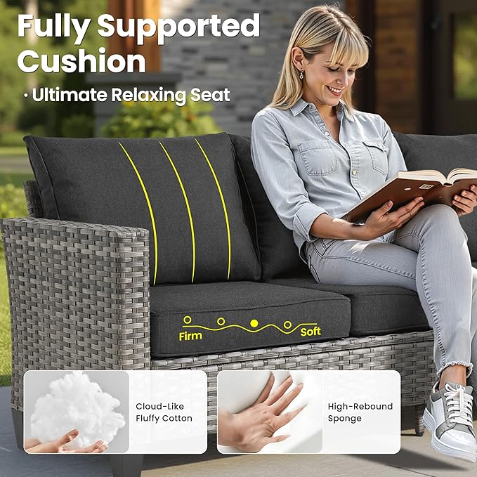 ovios 6 Pieces Patio Furniture Set with 30" Fire Pit Table, Outdoor Wicker Sofa with Comfy Cushions, All Weather High Back Rattan Couch Conversation Set, Black