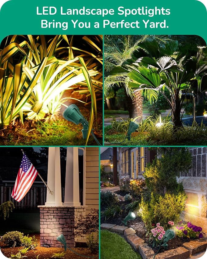 EDISHINE LED Outdoor Spotlights, 120V 4.8W Plug in Spot Light with 3 Lenses (Red Green Yellow), 180° Rotatable, 5000K, Waterproof Landscape Lighting for Flag Tree Garden, 2 Pack