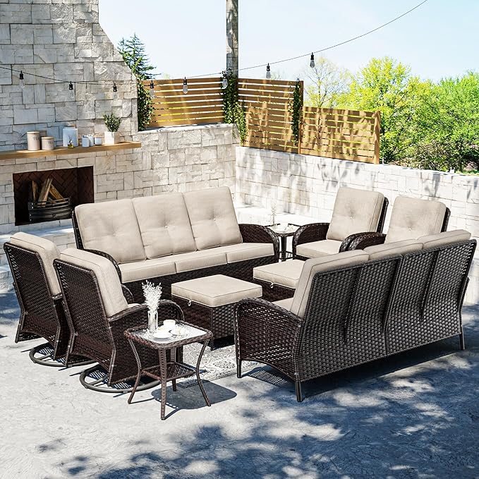 Joyside 10 Piece Patio Furniture Set, Outdoor Wicker Conversation Sets with Swivel Rocker Chairs and Sofa, Thick Cushion, Rattan Patio Sectional for Porch, Deck Use (Brown/Beige, 10 PCS)