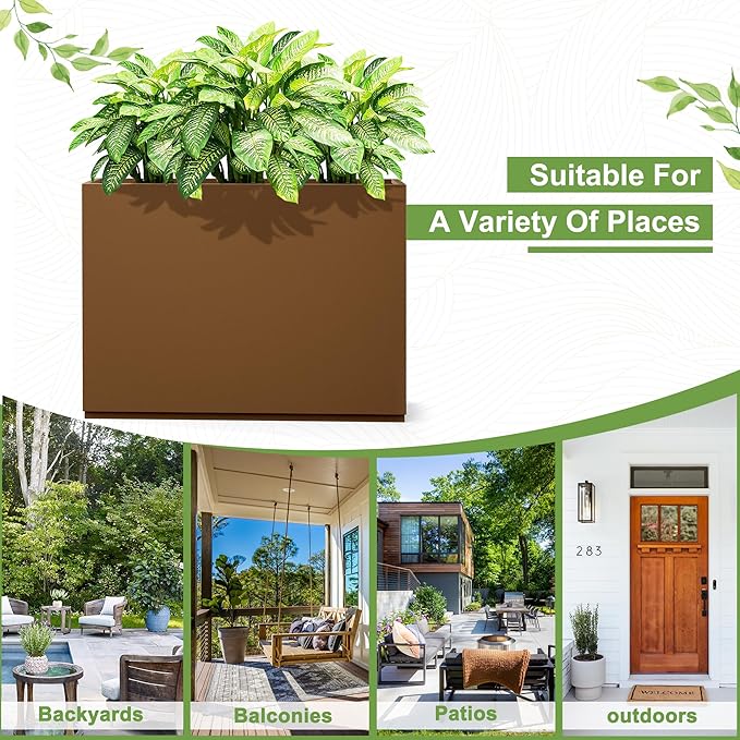 FENCY Metal Rectangular Planter Box for Outdoor - Large Planters with Drainage Holes (35.4" L x 9" W x 25.6" H, Brown)